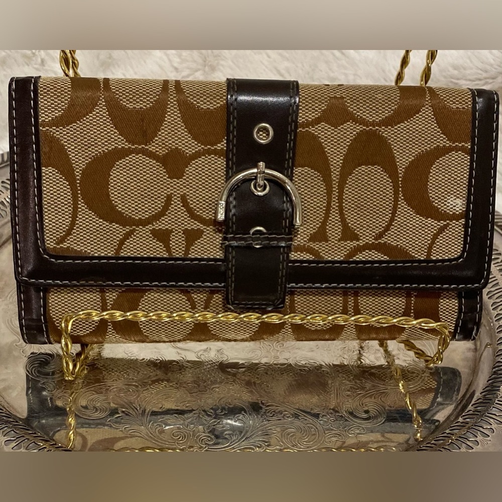Coach Signature Buckle Leather Trim Trifold Wallet Brown